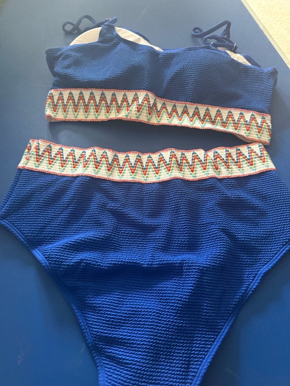 Blue Two-Piece Bikini Set with Zigzag Trim